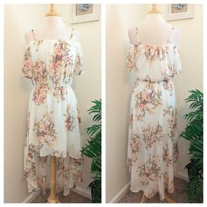 AUW Floral Off Shoulder High Low Dress White Pink Medium